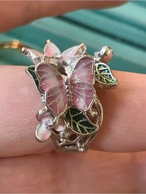 2 For $10. Pink Enamel Butterfly Ring with Green Leaves